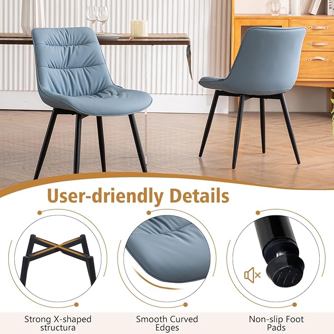 Kidol & Shellder Dining Chairs Set of 2, Modern Upholstered Faux Leather Kitchen Side Chairs with Comfortable Back - Mid-Century Armless Chair for Dining Living Room Bedrooms, with Metal Legs (Blue)
