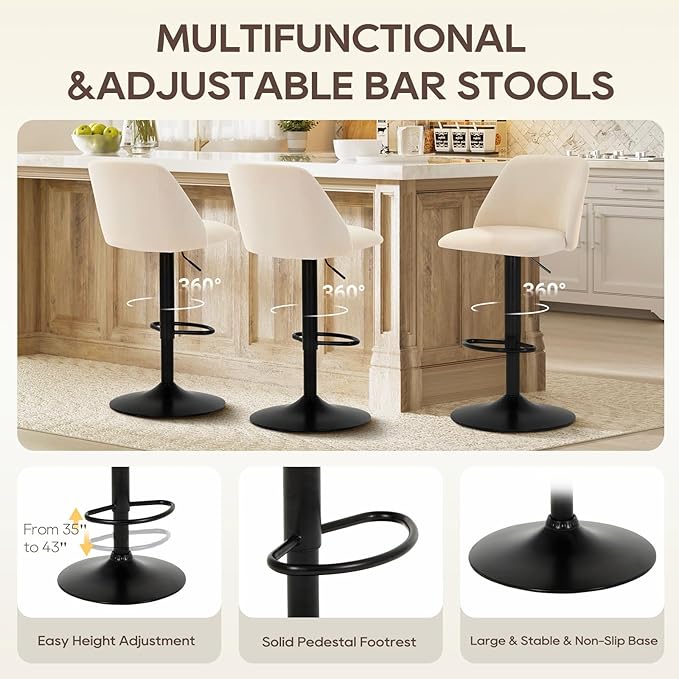 COLAMY Bar Stools Set of 1, Modern Swivel Bar Chairs, Adjustable Upholstered Barstools Counter Height with Full Backrest for Bar, Dining Room, Kitchen Island, Beige