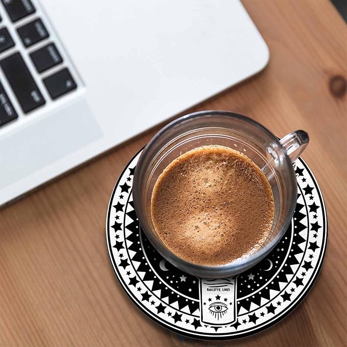 Fortune Teller Hand Coasters Set for Wood Table Palmistry Diagram Fate Mystic Occult Symbols Moon Star Sun Eye Tabletop Protection Mat for Mugs and Cups 4 Inch for Kitchen Office Home