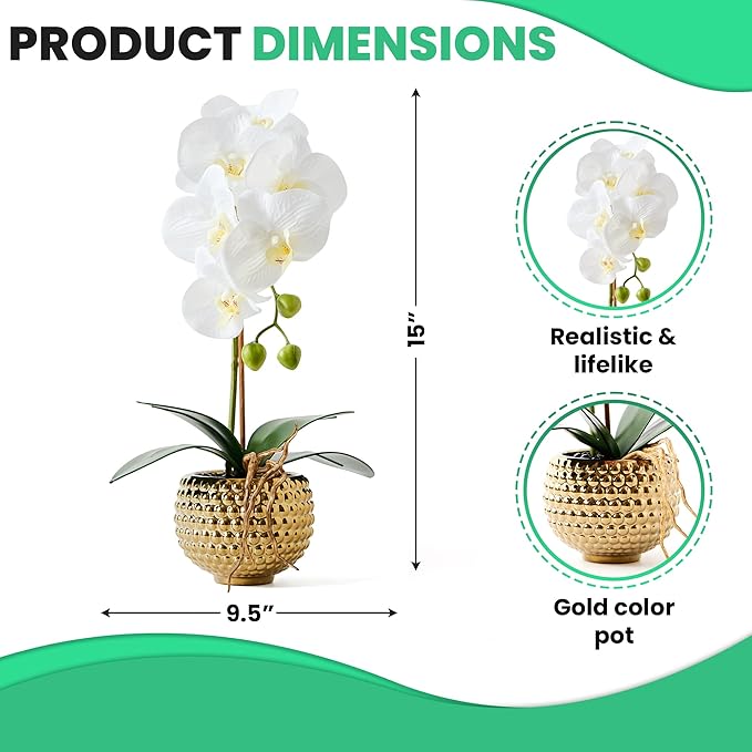 Orchids Artificial Flowers, 15" Faux Orchid in Gold Flower Pot Real Touch Flowers in Pot Large Flower Arrangements Artificial Centerpiece for Home Living Room Bathroom Kitchen Decoration (White)