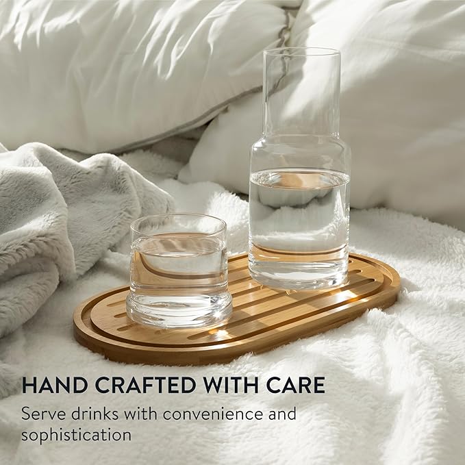 Elixir Glassware Bedside Water Carafe and Glass Set with Integrated Cup - Water or Mouthwash Dispenser for Nighstand or Bathroom - Handblown Glass Pitcher with Tumbler - Clear