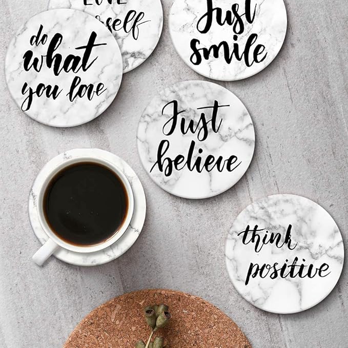 Britimes Coaster for Drinks Set of 6, Marble What You Love Inspirational Absorbent Round Ceramic Stone Mat, with Cork Base and Metal Holder, Gift for Housewarming Room Bar Decor