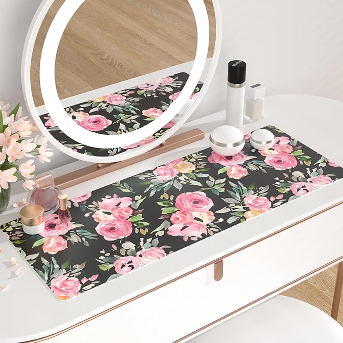 QIYI Large Mouse Pad, Floral Desk Mat for Desktop, Women Girls Watercolor Pink Flowers Office Décor Desk Accessories, PU Leather Waterproof Gaming Mousepad, Black Desk Pad Computer Mat, 31.5" x 11.8"
