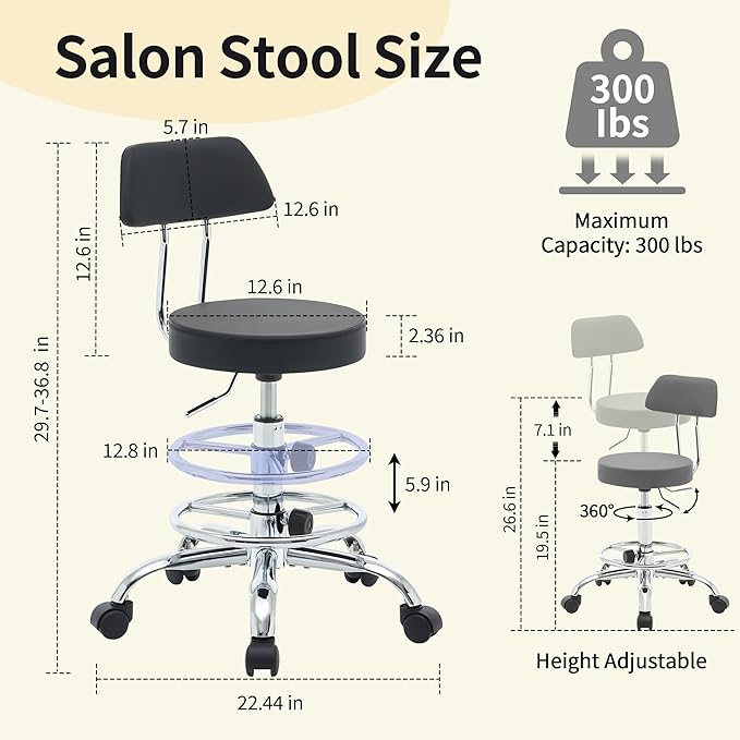 Rolling Stool with Back,Adjustable Height Foot Rest Rolling Salon Chair 19.5"-26.6",Black Ergonomic Stool (Black)