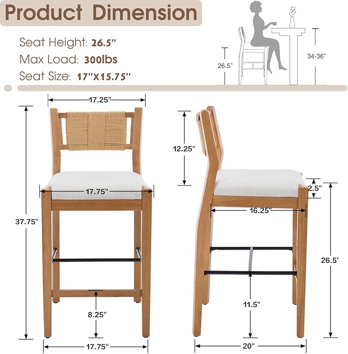 CIMOTA Rattan Counter Height Bar Stools Set of 4, 26" Farmhouse Barstools with Woven Backs, Boho Oak Wood Bar Stool Chairs Linen Upholstered Counter Stools for Kitchen Island/Counter/Bar