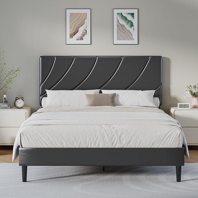 HOMBCK Bed Frame Full Size with Headboard, Linen Upholstered Bed Frame with Strong Wood Slats, No Box Spring Needed, Easy Assembly, Grey