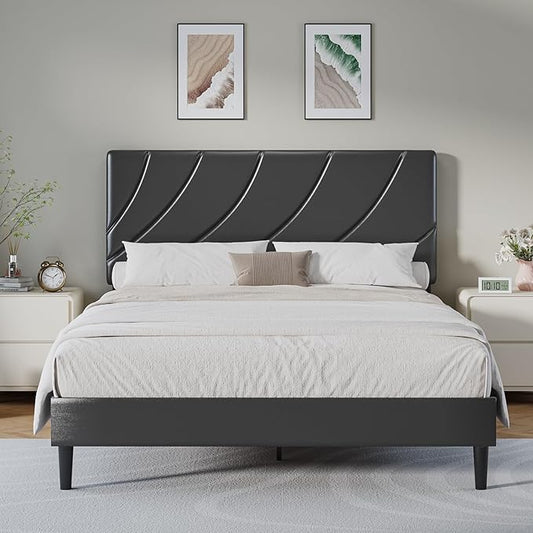 HOMBCK Bed Frame Full Size with Headboard, Linen Upholstered Bed Frame with Strong Wood Slats, No Box Spring Needed, Easy Assembly, Grey