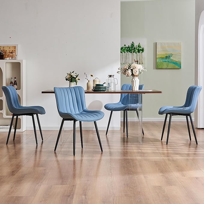 YOUNUOKE Mid-Century Modern Dining Chairs Set of 2, Blue PU Leather Upholstered Kitchen Chairs with Black Metal Legs, Armless Accent Chair for Dining Room, Guest Reception Room