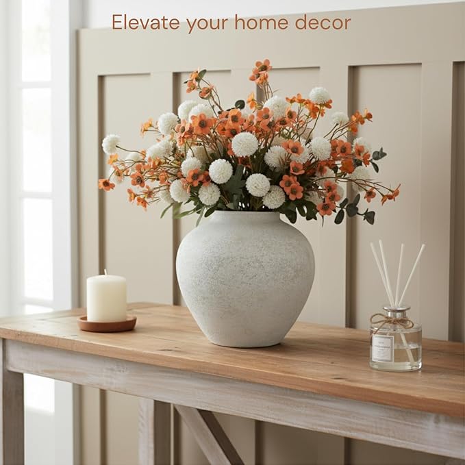 RyddeligHome Artificial White Kiku & Orange Wax Flowers, Bulk Silk Flowers with Long Stems for Vases, Spring Floral Stems Arrangements for Home Decor, Centerpieces for Tables, Rustic Decorations