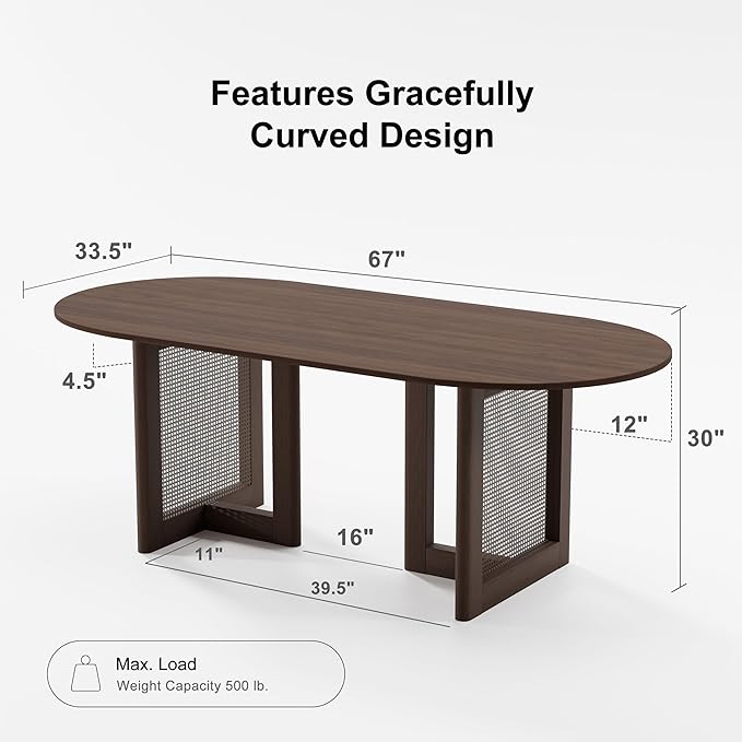 Casaphoria 67" Dining Table, Wicker Base Modern Kitchen Table for 4-6, Farmhouse Style with Oval Top & Wicker Base, Easy Assembly for Living Room, Kitchen, Walnut Wood