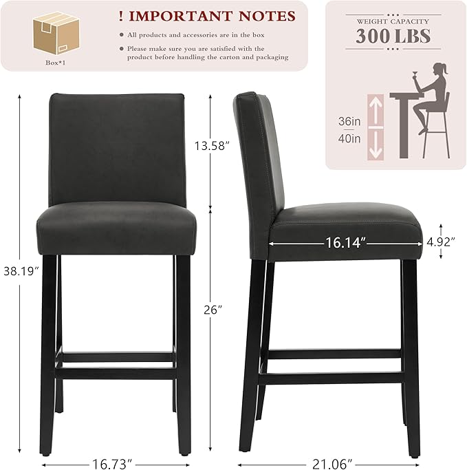 26'' Faux Leather Bar Stools, Modern Upholstered Bar Height Bar Chairs, Soild Wood Legs Barstools with Back, Black
