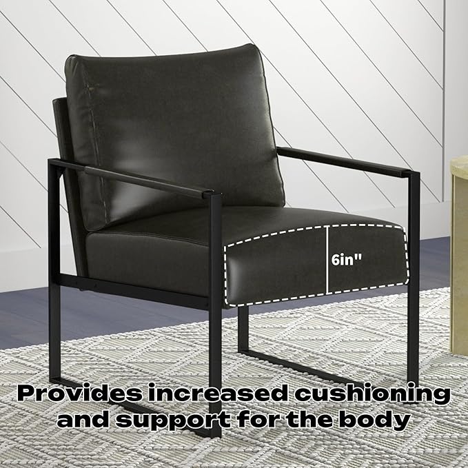 Phoenix Home PU Leather Accent Chair, Leisure Metal Framed Armchair with Extra Soft Padded and Cushion, 105 Degree Slant Back, Modern Reading Arm Chair for Living Room/Office/Bedroom, Black