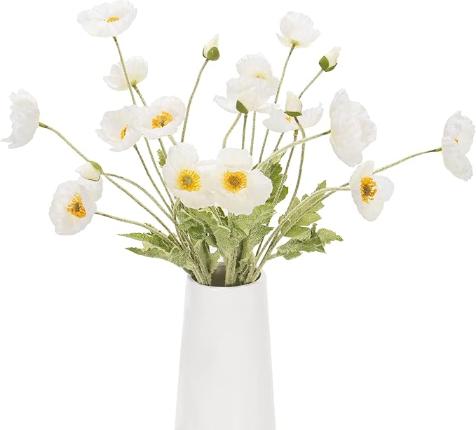 Artificial Poppy Flowers, 5 Bundles Faux Poppies with Stems for Floral Arrangements - Wedding, Home, Office, Party Table Centerpiece Decor (White)
