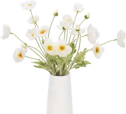 Artificial Poppy Flowers, 5 Bundles Faux Poppies with Stems for Floral Arrangements - Wedding, Home, Office, Party Table Centerpiece Decor (White)