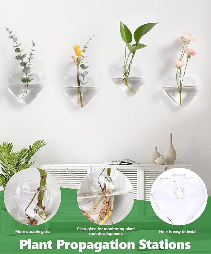 Nacome Wall Hanging Glass Planter Terrarium Plant Propagation Station, 4 Pack Heart Shape Vase for Hydroponic Home Office Garden Decor,Unique Gardening Gifts for Plant Lovers Women Mom