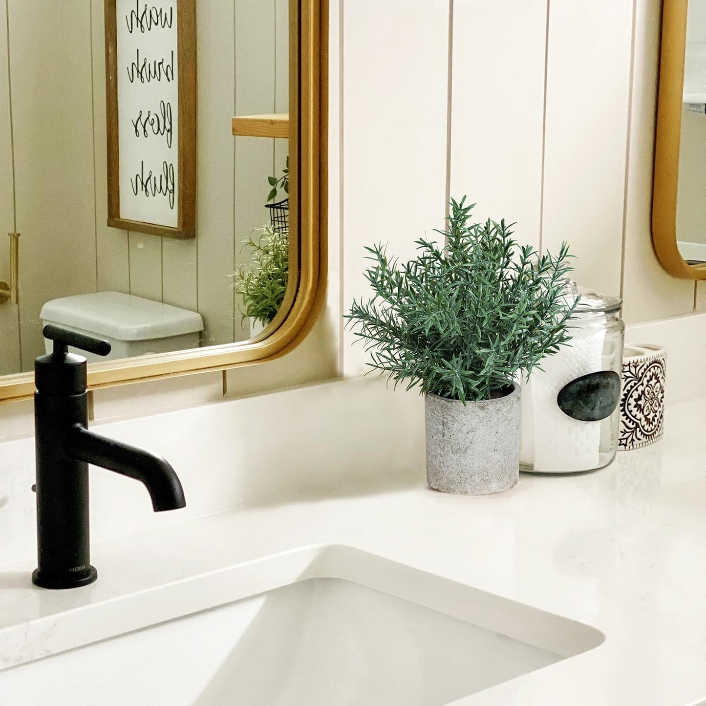 2 Pack Small Fake Plants Rosemary Potted Artificial Plants for Shelf Desk Home Kitchen Bathroom Farmhouse Room Coffee Table Decor (Green)