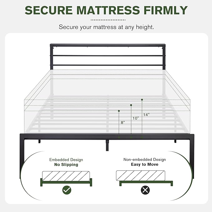 MUTICOR Full Size Metal Platform Bed Frame with Shelf Headboard, No Box Spring Needed, Easy Assembly, Black Shelf