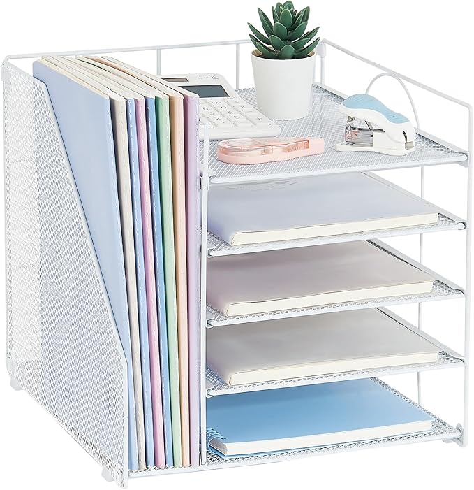 Desk Organizers and Accessories, 5-Tier Paper Letter Tray Organizer with File Holder, Desktop Organizer for Office Supplies, Office Desk Accessories & Workspace (White)