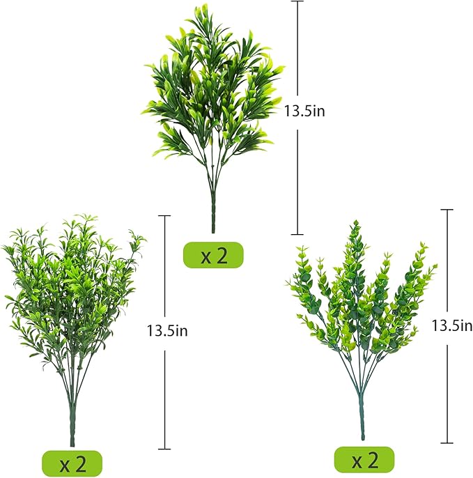 Ouddy Decor 6 Bundles Artificial Greenery Stems Mixed Fake Plastic Plants Eucalyptus Rosemary Faux Magnolia for Outdoor Indoor Garden Home Window Box Decor