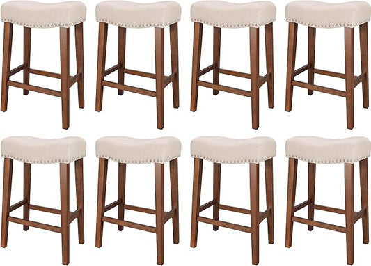 PrimeZone Counter Height Bar Stools Set of 8 - Backless Saddle Barstools with 4.3" Thick Upholstered, Nailhead Trim Linen Fabric & Solid Wood Legs, 26 Inch Counter Stools for Kitchen Island, Beige