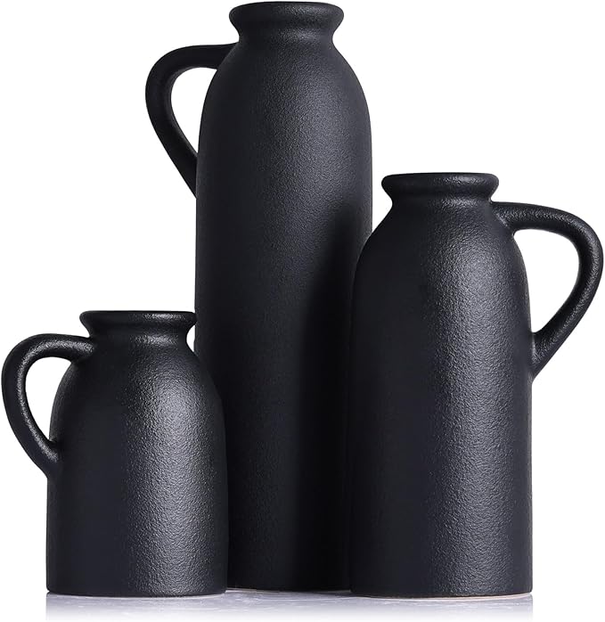 Black Ceramic Vase Set - 3 Small Matte Black Jug Vases, Farmhouse Country Flower Vase Home Decor, Living Room Decoration, Table Decoration, Fireplace Decor, and Entrance Decorations Centerpieces