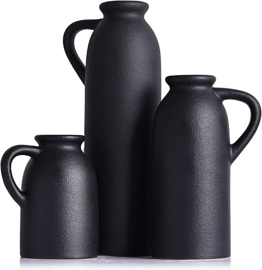 Black Ceramic Vase Set - 3 Small Matte Black Jug Vases, Farmhouse Country Flower Vase Home Decor, Living Room Decoration, Table Decoration, Fireplace Decor, and Entrance Decorations Centerpieces