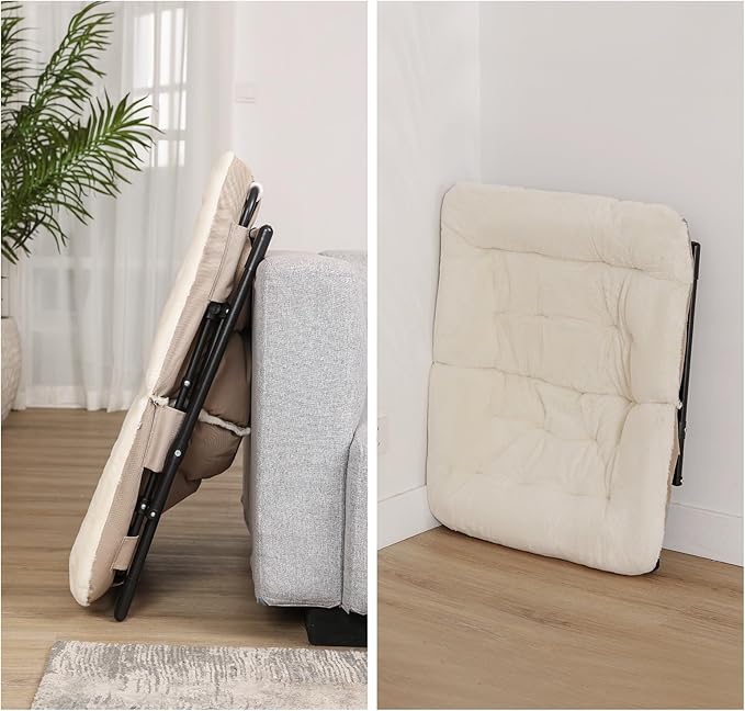 Comfy Saucer Chair for Adults, Soft Faux Fur Bedroom Chair with Ottoman, Accent Dorm Chairs, Living Room Reading Chairs and Footstool, Folding Lounge Seat for Teens, X-Large, Beige