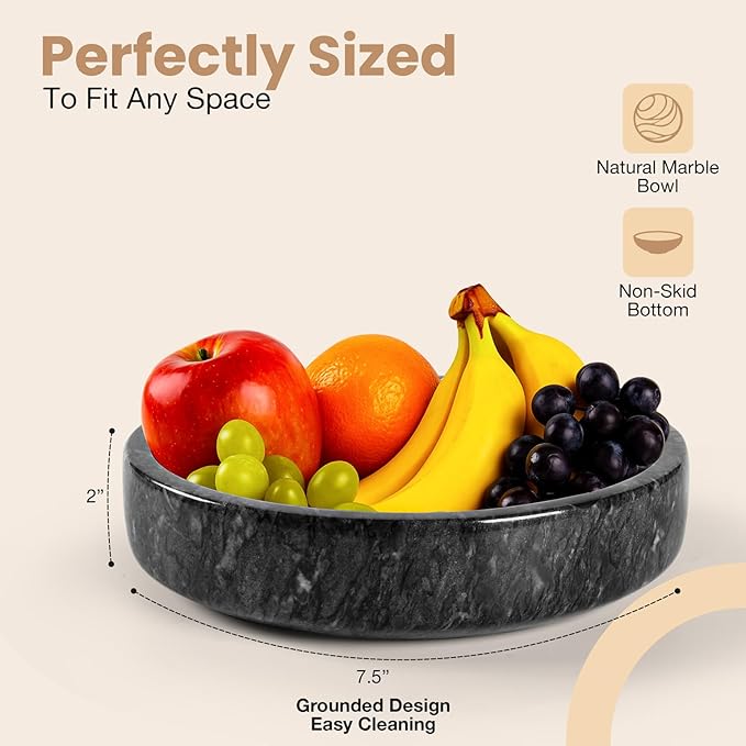 Marble Decorative Bowl - 7.5" Natural Black Solid Marble Centerpiece - Handmade Stone Fruit Bowl - Catch-All or Key Bowl for Kitchen - Modern Minimalist Decor