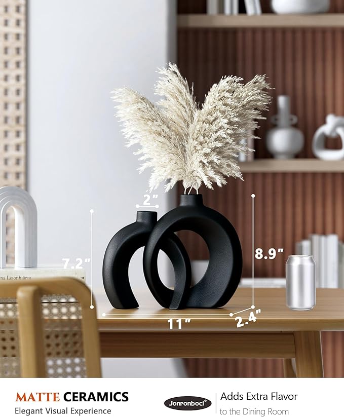 Round Donut Vase Set of 2 - Minimalist Nordic Modern Ceramic Decorative Black Vases For Home Office Book Shelf,Table Decor for Living Room,Coffee,Tv Stand Entry Console Mantle Decoration (Matte Black)