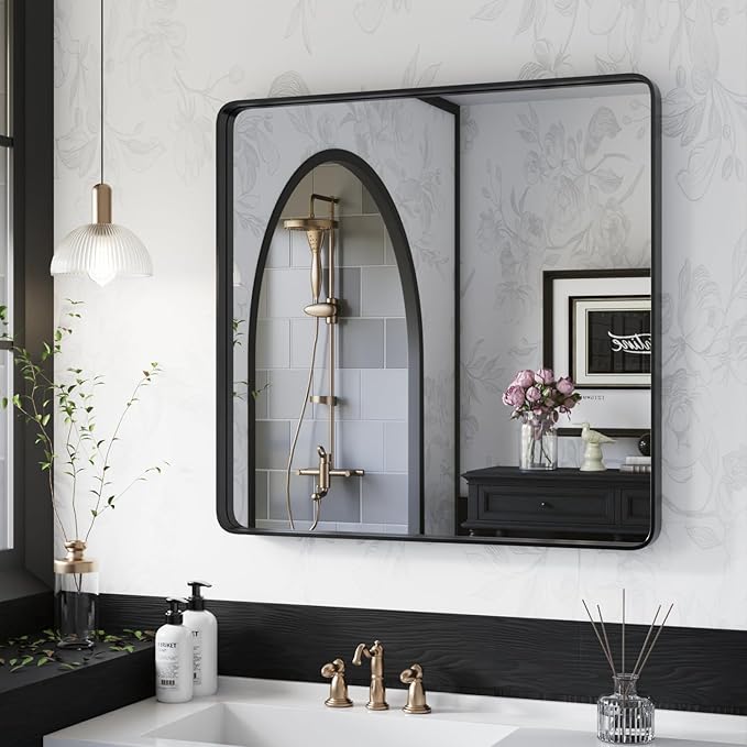 ISKM 32"x 32" Black Framed Bathroom Mirror for Wall, Bathroom Vanity Mirror Anti-Rust, Tempered Glass, Rounded Rectangle Mirror(Horizontal/Vertical)