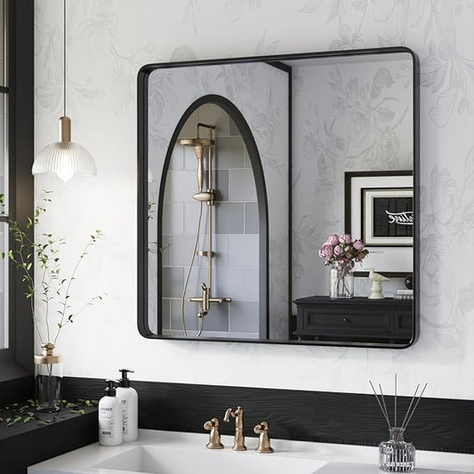 ISKM 32"x 32" Black Framed Bathroom Mirror for Wall, Bathroom Vanity Mirror Anti-Rust, Tempered Glass, Rounded Rectangle Mirror(Horizontal/Vertical)