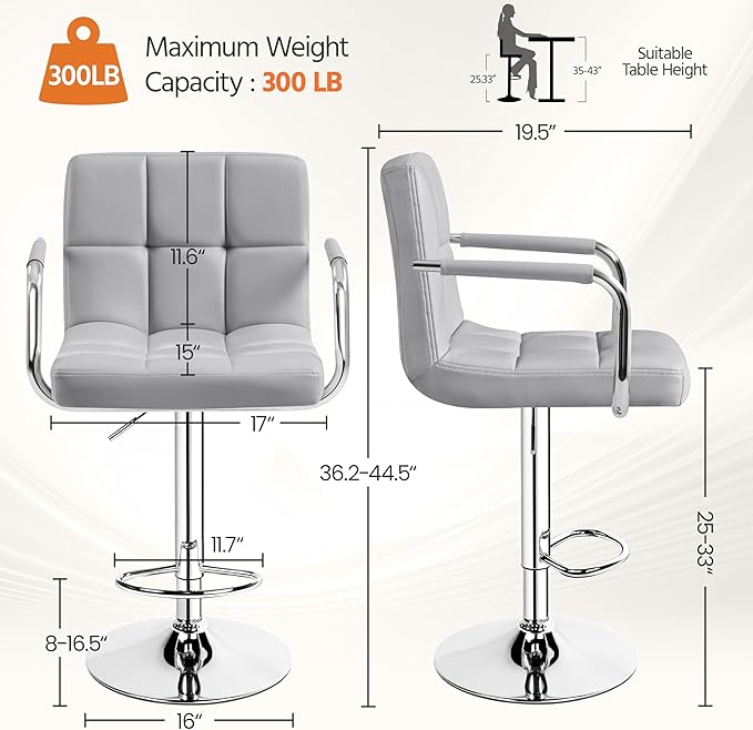 Yaheetech Bar Stools Set of 2, PU Leather Adjustable Swivel Barstools, Hydraulic Kitchen Counter Height Bar Chairs with Armrest and Back for Kitchen, Dining Room, Light Grey