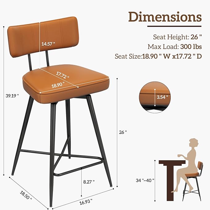 Swivel Counter Height Bar Stools Set of 2, 26" Leather Kitchen Swivel Counter Stools with Backs, Metal Legs and Footrest, Bar Chairs for Kitchen Island, Brown