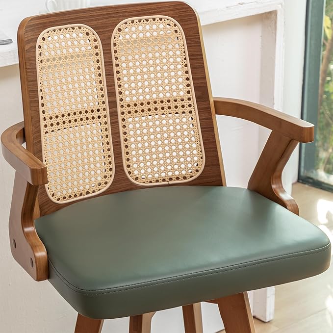 Bar Stools Set of 2-30 inch Swivel Rattan bar Stools with Cane Back, Curved Arms, Upholstered Seat, Adjustable Bamboo Legs, Kitchen BarStools for Bar/Pub/Island/Cafe (30" Seat Height, Green)