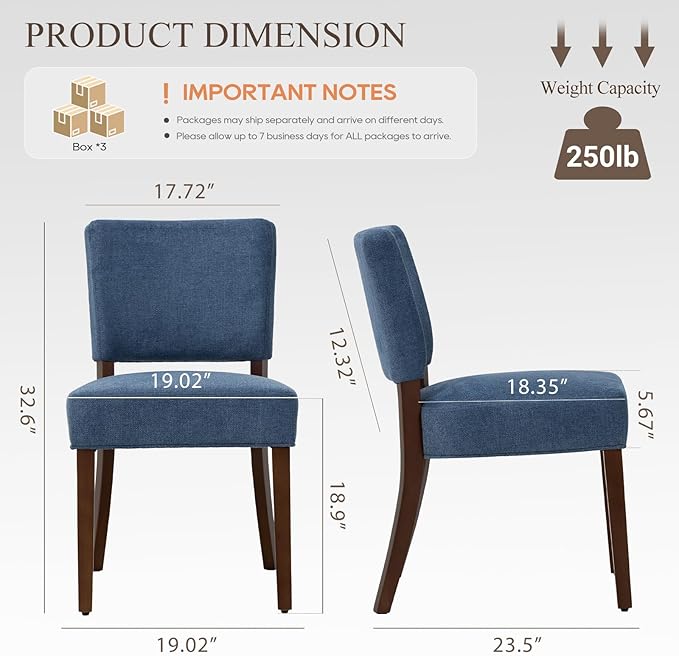 COLAMY Mid Century Modern Dining Chairs Set of 6, Upholstered Kitchen Chairs with Back, Farmhouse Fabric Side Dining Room Chairs with Wood Legs for Dining Room Kitchen Restaurant, Blue