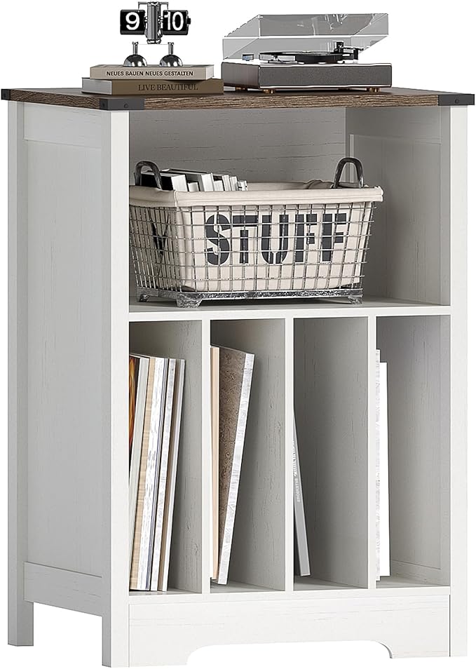 ChooChoo Record Player Stand, Vinyl Record Storage Cabinet, Turntable Stand Holds up to 160 Albums, Record Player Table Display Shelf for Living Room, Bedroom, Office, Rustic White