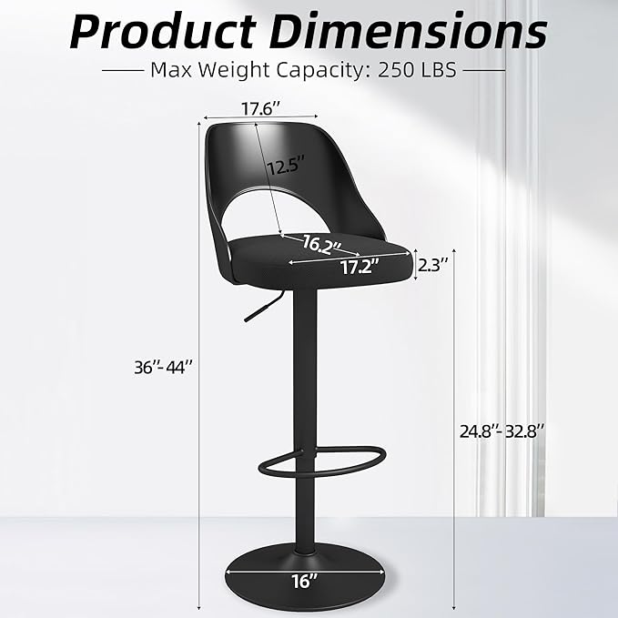 civama Bar Stools 1 PC for Kitchen Counter, Seat Height Adjustable 25''-33'', Modern Upholstered Swivel Island Chairs with Hollow Backrest Metal Base, Black Cotton Linen Fabric with Black Base