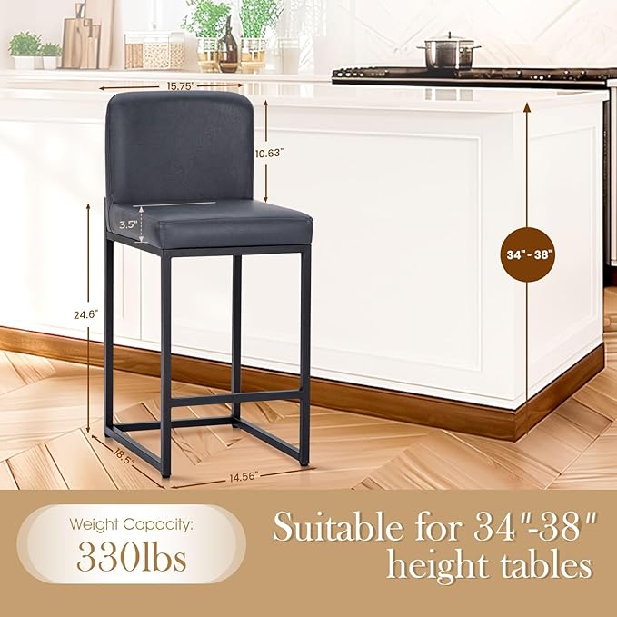 Sophia & William Blue Bar Stools Set of 3,Counter Height 24" Bar Stools, Modern Faux Leather Barstools with Back