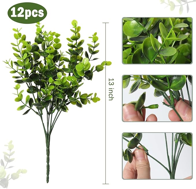 RECUTMS 12 Bundles Artificial Bushes Greenery Plants Stems Faux Shrubs Boxwood Plants Outdoor UV Resistant Fake Eucalyptus for Farmhouse Home Office Wedding Patio Backyard Indoor Outdoor Decor(Green)