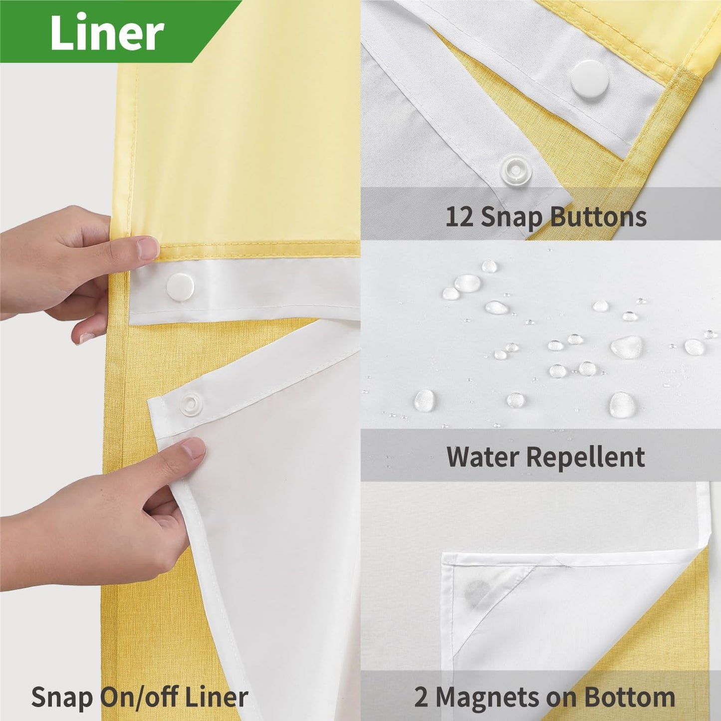 Extra Long No Hooks Needed Linen Textured Shower Curtain with Snap-in Fabric Liner Set,White Hotel Luxury Decor Shower Curtains for Bathroom,Waterproof & Washable,71Wx86H,Gold