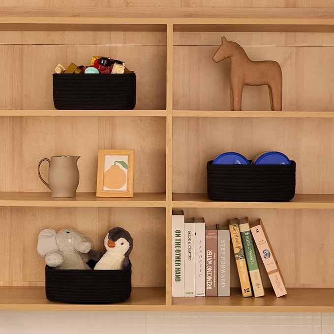 Small Square Shallow Baskets for Organizing, 9.7x9.7x4.3 Inch Rope Woven Storage Bins for Cubes Closet, Shelves Storage, Boho Decorative Basket, 2 Packs Black