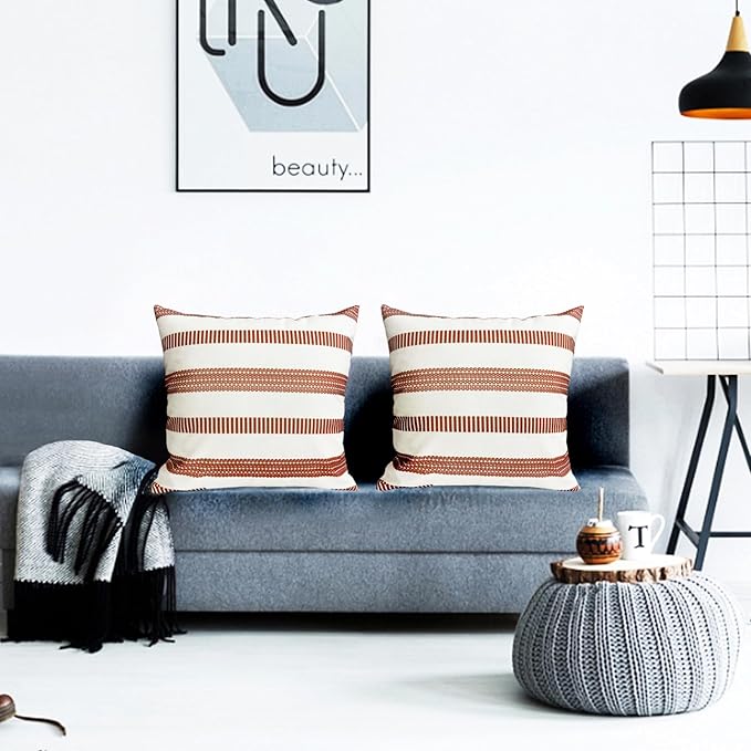 Decorative Throw Pillow Covers Set of 2 Coffee Boho Striped Pillow Covers 16x16 Inch Throw Pillow Cover Linen Pillowcase Farmhouse Outdoor Pillow Covers for Couch Sofa Bed Living Room