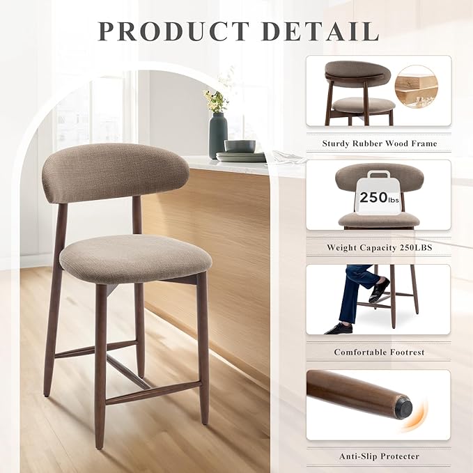 COLAMY Bar Stools Set of 3, Counter Height BarStools with Back, Mid Century Modern Upholstered, with Wood Legs for Kitchen Island Dining Room, Camel