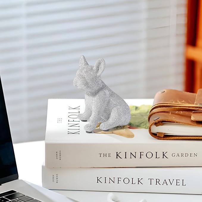 French Bulldog Statue,Resin Sparkly Frenchie Dog Sculpture Decor for Home Living Room Office Bedroom Shelf Desktop Decorations,French Bulldog Gifts for Men and Women,Silver