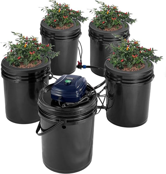 VEVOR RDWC Hydroponics Grow System, Hydroponic Growing Kit with Top Drip, Recirculating Deep Water Culture 4 Buckles and 1 Reservoir, with Air Pump and Water Level Device for Leafy Vegetables