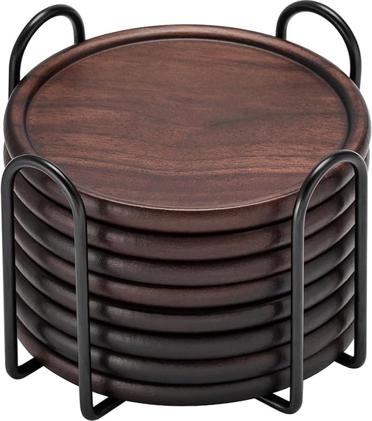 Wood Coasters with Metal Holder, GOH DODD Set of 8 Walnut Wooden Coaster Tabletop Protection for Drinks Coffee Table Home Kitchen Office Bar Living Room Decor Housewarming Gifts Wedding Party, 4 Inch