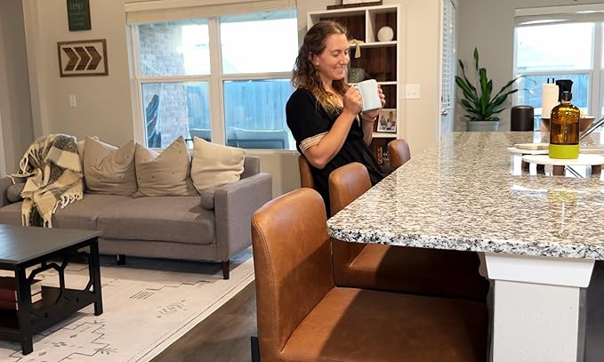 ALPHA HOME 24” Bar Stools Set of 3 Counter Height Bar Stool Pu Leather Kitchen Modern Bar Stools with Backrest Upholstered Footrest Sturdy Chromed Metal Steel Frame,Brown