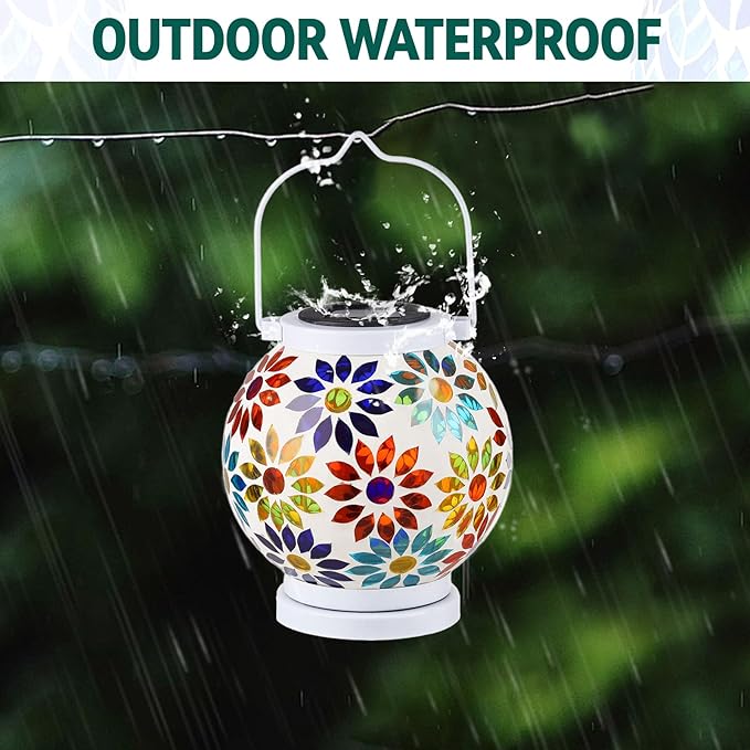 VOREEN Mosaic Solar Lanterns, Handmade Outdoor Glass Hanging Lights, Waterproof Solar Table Lamps, Gift for Mom Wife Friend, Decoration for Garden, Patio, Yard, Party, Balcony, Floral Pattern