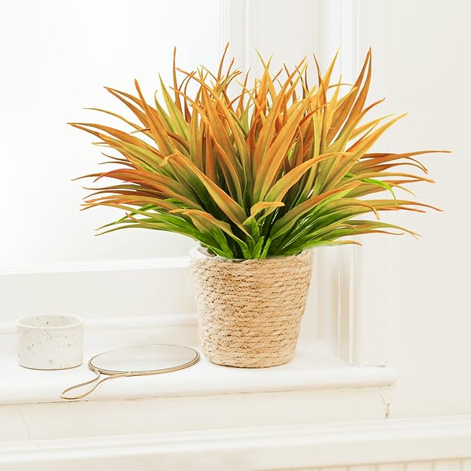 24Pcs Artificial Grass Plant Fake Outdoor Plastic Plants UV Resistant Faux Grasses Greenery Shrubs for Window Box Garden Patio Porch Home Decor Yellow