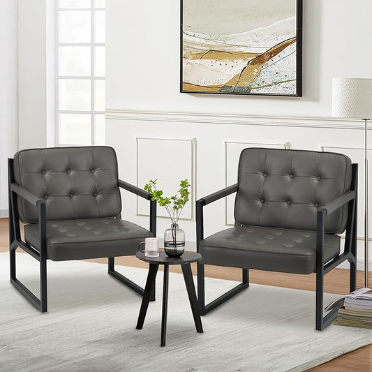 COLAMY Accent Chairs Set of 2, Modern Accent Arm Chairs for Living Room, Comfy Leather Armchairs with Metal Legs for Bedroom Reception Room, Grey